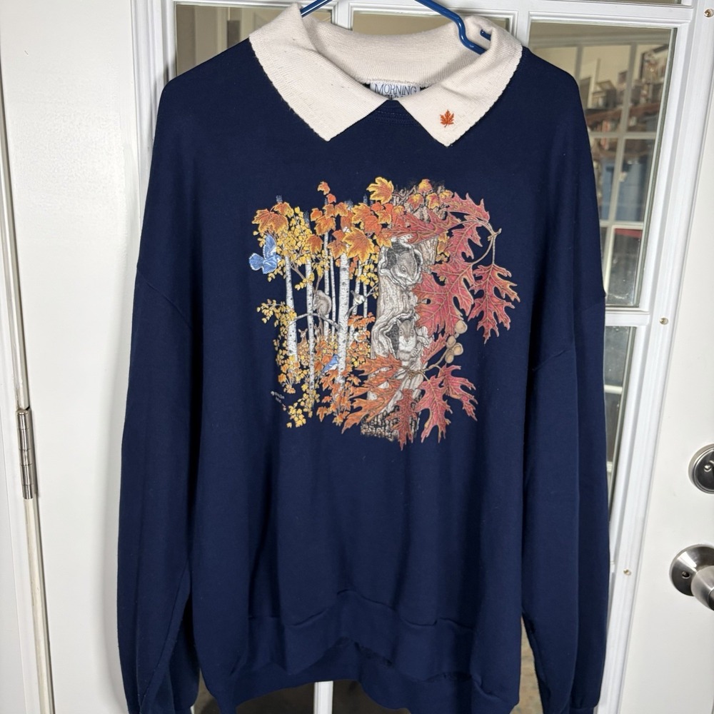 Vintage Morning Sun 2XL Wildlife Collared Sweatshirt Navy Autumn Grandma